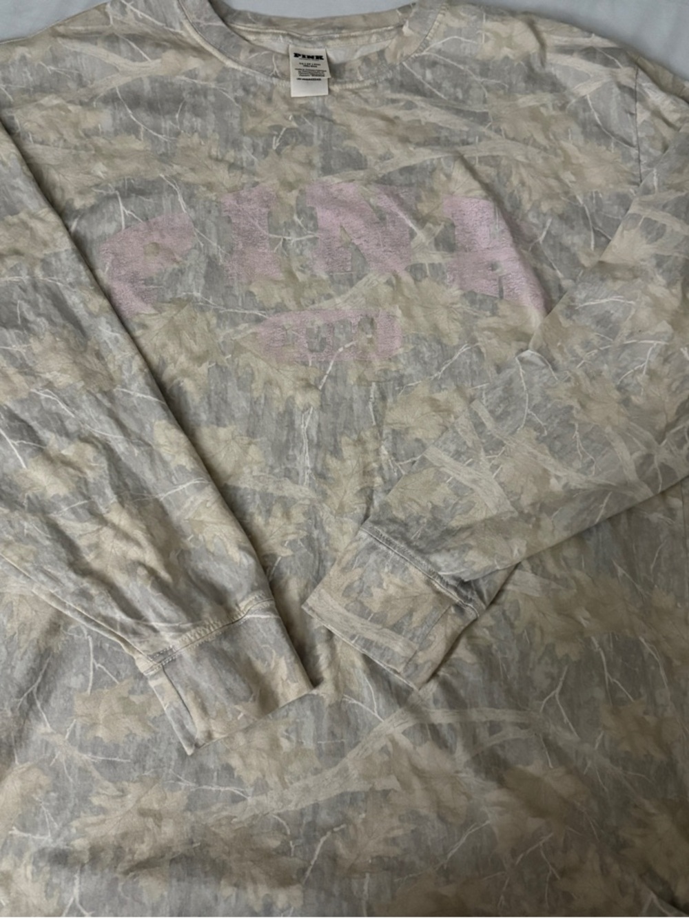 PINK Victoria's Secret Beige & Gray Tie-Dye Long Sleeve Tee with Faded Pink Logo